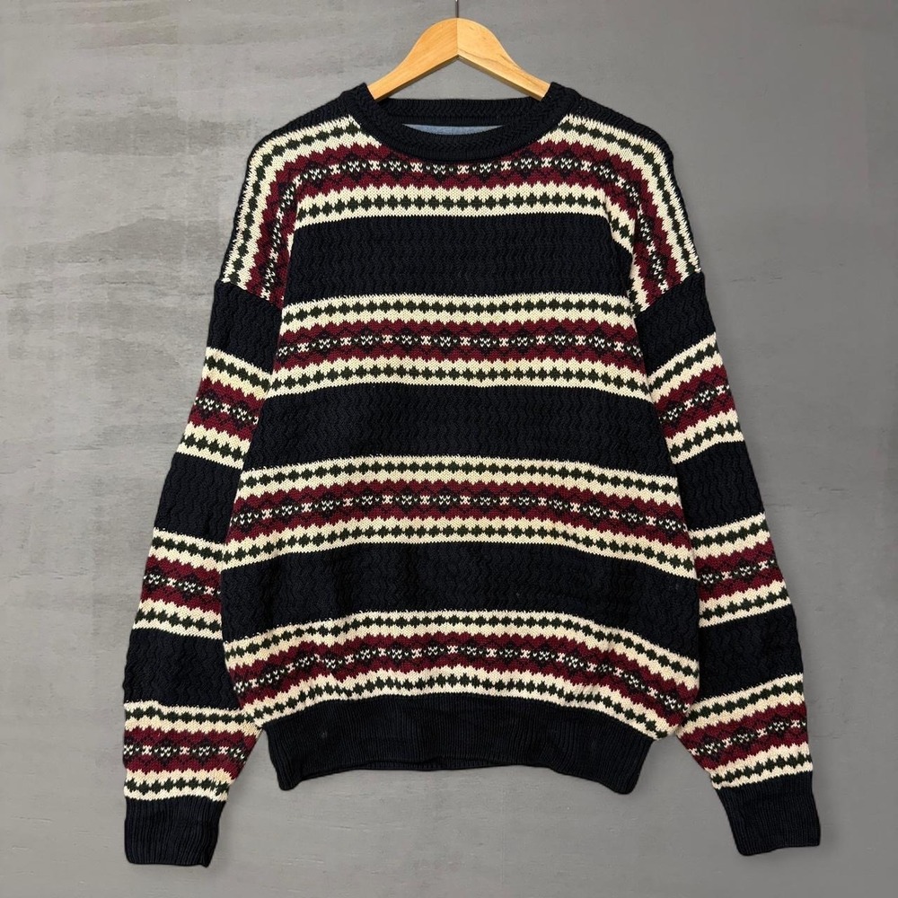Vintage Woods & Gray Sweater Navy Blue Fair Isle Striped Cotton Knit Large